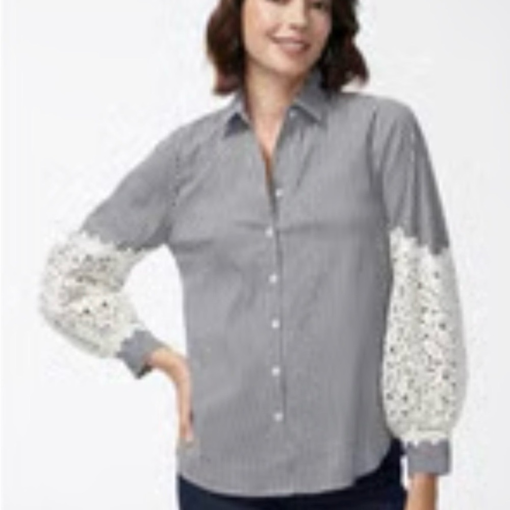 Chico's Gray Button Down Shirt with Lace Sleeves